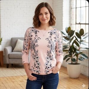 Talbots Floral Top Medium Pink & Navy Blue Botanical Print 3/4 Sleeve Cotton Tee